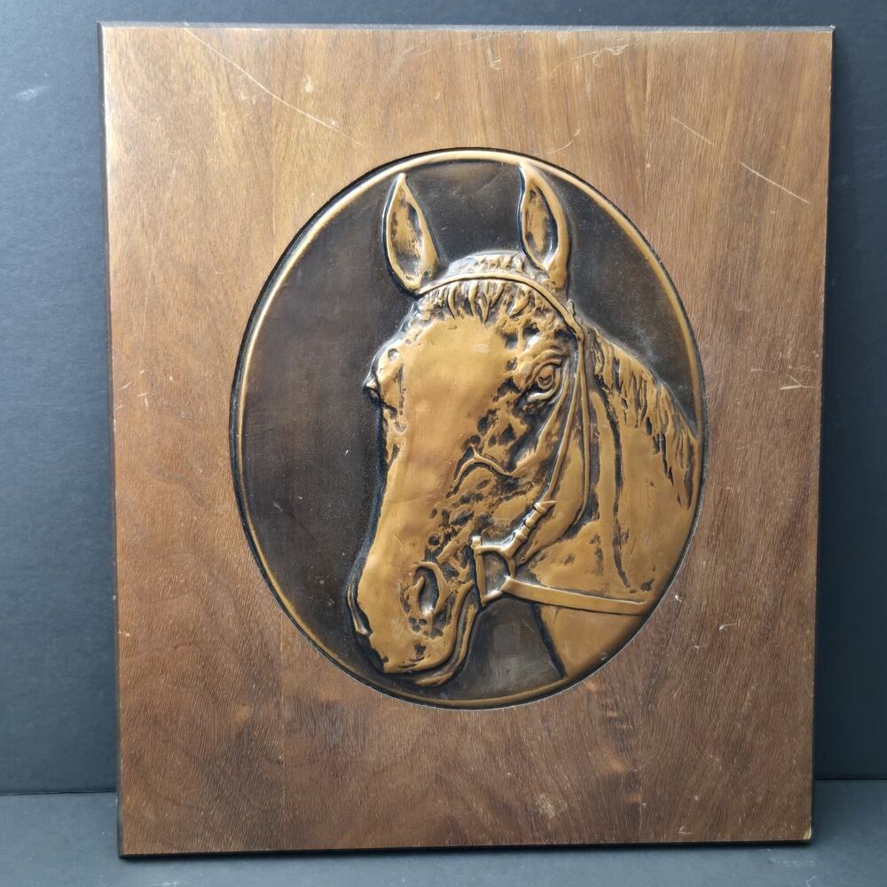 VINTAGE Bruce Fox Copper Hand Cast Aluminum Art Horse Head On Wooden‎ Frame